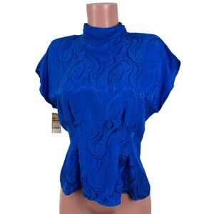 Queenie 100% Silk Blue Embossed blouse Medium Vintage Deadstock 80s 90s